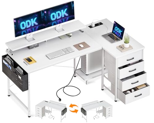 ODK Eckschreibtisch mit 4 Stoff Schubladen, 140x80cm Schreibtisch L Form Reversibler mit USB-Ladeanschluss&Steckdose, Eckschreibtisch mit Stauraum mit Monitorständer Gaming Tisch für Homeoffice, Weiß