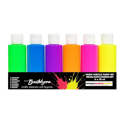 Bastelzone Acrylfarben-Set – Vielseitige & hochpigmentierte Malfarben für Hobby & Künstler. Wasserbasiert, deckend, leuchtend & gebrauchsfertig. Vegan (6 Neon-Farben x 60 ml)