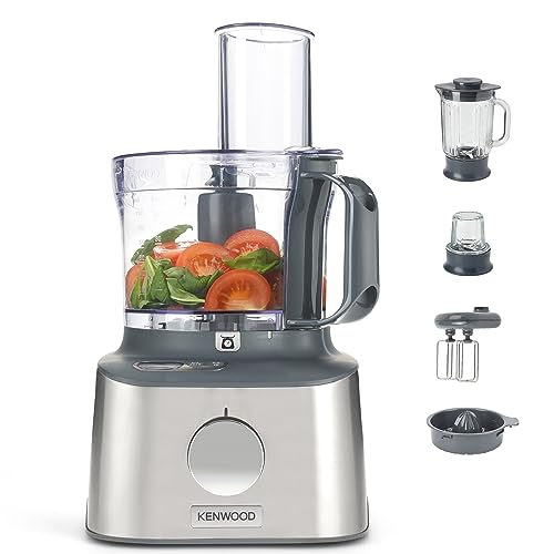 Kenwood Multipro Compact+ FDM313SS Kompakt-Küchenmaschine, 2,1 Liter, Integrierte Waage, Edelstahl Messer, 3 Arbeitsscheiben und 6 weitere Zubehör-Teile, Metallgehäuse, 800 Watt, silber