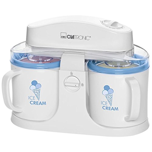Clatronic Eismaschine/Softeismaschine/Speiseeismaschine ICM 3650 für Eiscreme/Sorbet/Frozen Yoghurt/Slush, für Zuhause, separate Zubereitung, 2x 500 ml, inkl. Rezeptvorschläge, Timer, weiß/blau