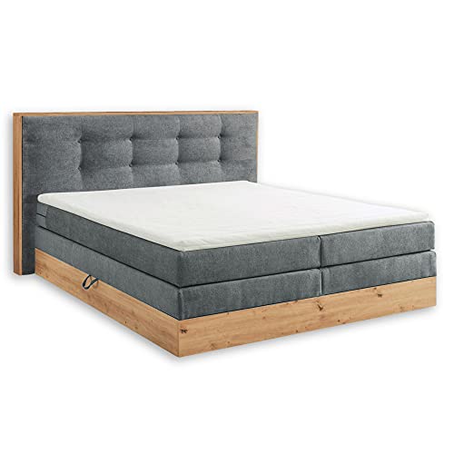 Stella Trading PRESTON 6 Boxspringbett 180x200 mit Bettkasten, Dunkelgrau / Artisan Eiche Optik - Bequemes Doppelbett mit 7-Zonen Federkern Matratze und Topper - 205 x 114 x 213 cm (B/H/T)