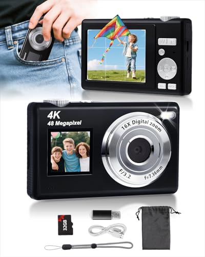 ARNSSIEN Digitalkamera mit Dual-Bildschirm, Autofokus 4K 48MP Vlogging Kamera Fotokamera mit 32GB Karte,Kompaktkamera, 16X Zoom, Anti-Shake, Geschenk für Kinder Teenager Anfänger,Y5