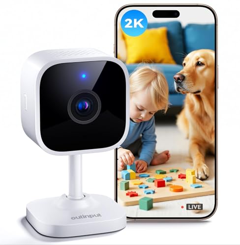 Outinput 2K/3MP Plug-in Überwachungskamera Innen, WLAN Indoor Kamera mit IR-Nachtsicht, Hundekamera mit App, Bewegung&Geräusch-Erkennung, 2-Wege-Audio, Sirene, SD&Cloud-Speicher, für Baby&Haustiere