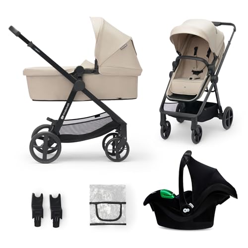 Kinderkraft NEWLY Kinderwagen 3 in 1, Komplettset bis 22 kg, Kindersitz I-Size 40-75 cm im set, Kombikinderwagen mit Fußsack, wasserfestes Verdeck mit UPF50+, Zusammenklappen, Liegeposition, Beige