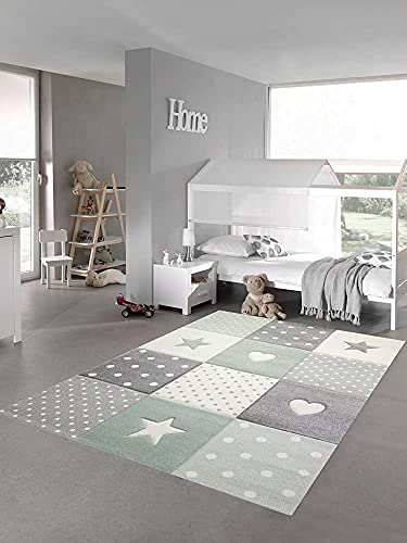 Teppich-Traum Kinderzimmer Teppich Spiel & Baby Teppich Herz Stern Punkte Design Grün Grau Creme Größe 80x150 cm
