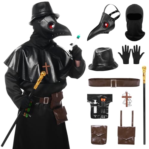 Ficlwigkis Pestdoktor Kostüm Herren,8 Pcs Pestarzt Halloween Kostüm mit Pestdoktor Maske Plague Doctor Costume für Halloween Karneval Kostüm (Schwarz, L)
