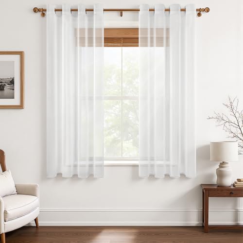MRTREES Voile Gardinen Vorhang halbtransparent kurz mit Ösen in Leinenoptik Stores Gardinen Schals für Wohnzimmer Schlafzimmer Kinderzimmer Weiß 145×140cm (H×B) 2er Set