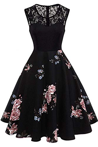 Axoe Damen 50er Jahre Rockabilly Kleid mit Blumenmuster Ärmellos, Farbe04, XXXXL (50 EU)