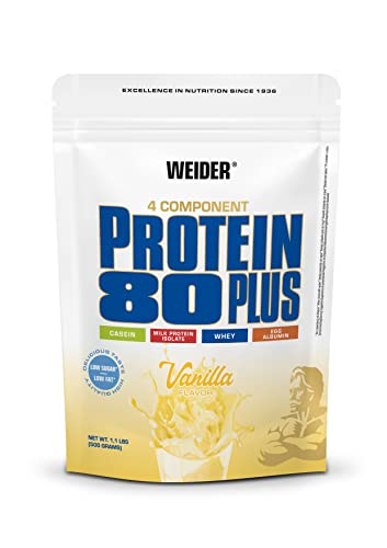 Weider - Protein 80 Plus - 4-Komponenten Protein Pulver - Hoher Proteingehalt mit 80% Eiweiß - Cremige Shakes mit Calcium & Vitamin B6 - 500g - Vanille