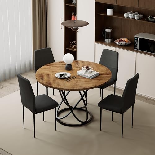 GOLDFAN Esszimmer-Set mit Rundem Tisch 120 cm und 4 Stühlen aus Bequemen Stoffen, Essgruppen Tisch 120 cm, Rund, mit Stuhl für 4-6 Personen (Schwarz)