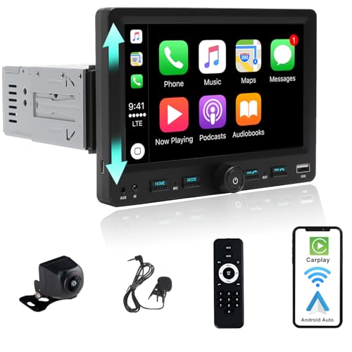 Alondy Autoradio 1Din mit 7 Zoll einstellbar Bildschirm, Kompatibel mit [Wireless] Apple CarPlay/Android Auto Bluetooth Typ-C USB(3A Schnellladung) AM/FM/RDS Radio Rückfahrkamera AUX SD