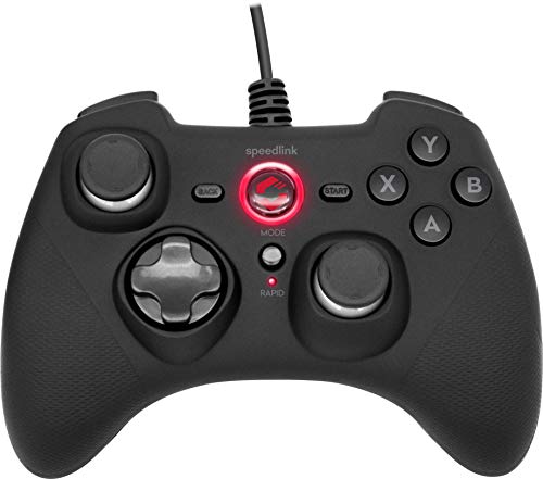 Speedlink RAIT Gamepad kabelgebunden – Gaming PC Controller mit Kabel, Vibrationsfunktion, Dauerfeuer Funktion, für PC, PS3, Switch, gummierte Oberfläche, schwarz