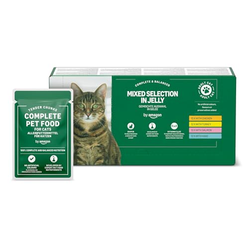 by Amazon Katzenfutter, nass, getreidefreies, für ausgewachsene Katzen, gemischte Auswahl in Gelee, 4,8 kg (48 Packungen à 100 g)