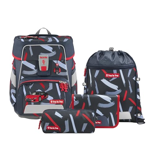 Step by Step Schulranzen-Set Space „Sports Car Mick“ 5-teilig, grau-rot, Auto-Design, ergonomischer Tornister mit Reflektoren, höhenverstellbar mit Hüftgurt für Jungen ab der 1. Klasse, 20L