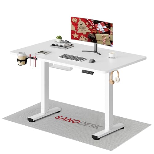 SANODESK Höhenverstellbarer Schreibtisch 110×54 cm – Kompakter Standing Desk mit praktischem Zubehör, ideal für kleine Räume, leise & sicher mit Anti-Kollisions-Schutz(Weiß)