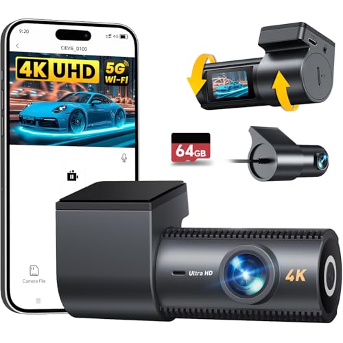 CIEVIE 4K+1080P Dashcam Auto Vorne Hinten mit 64GB SD Karte, 5GHz WiFi Dashcam mit 1,5″ IPS Display, 170° Weitwinkel, G-Sensor, WDR Nachtsicht, Loop-Aufnahme, APP Steuerung, Unterstützt 256 GB Max