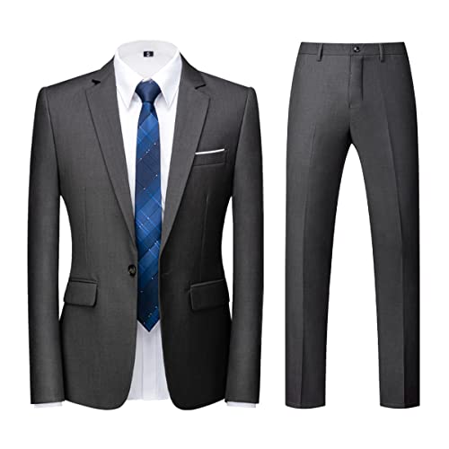 KUDORO Herren Anzüge 2 Teilig Slim Fit Einreiher Ein Knopf Hochzeit Business Casual Smoking Anzug Blazer Hose Anzug Set Dunkelgrau Medium
