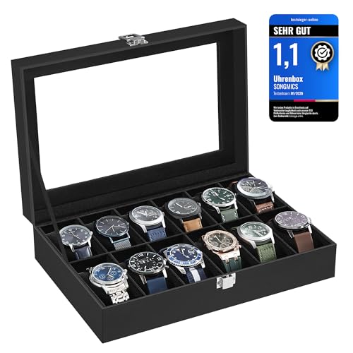 SONGMICS Uhrenbox mit 12 Fächern, Uhrenkasten mit Glasdeckel, Uhrenkoffer mit herausnehmbaren Uhrenkissen, Premium-Uhrenschatulle, PU-Bezug in Schwarz, Samtfutter in Schwarz JWB12B
