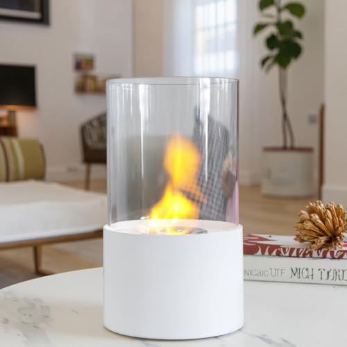 Tisch-Kamin/Feuerstelle aus Metall und Glas Weiß