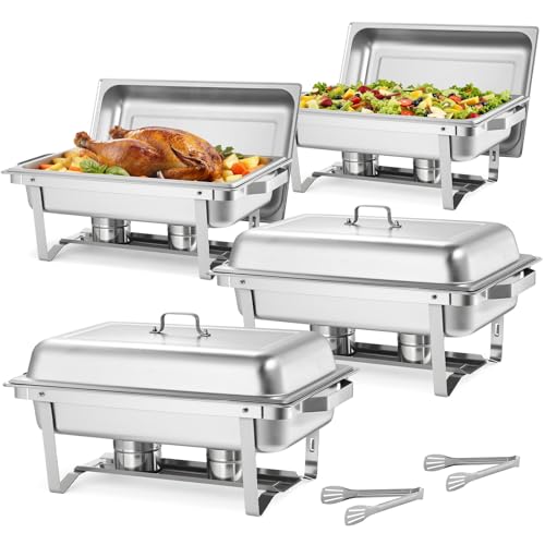 VEVOR rechteckiger Chafing Dish Set 8,5 L Speisenwärmer (4 STK.) Buffet Warmhaltebehälter mit Griff & 2 Lebensmittelzangen & Deckel & Brennstoffhalter, geeignet für Bankett Party Hochzeit Silber