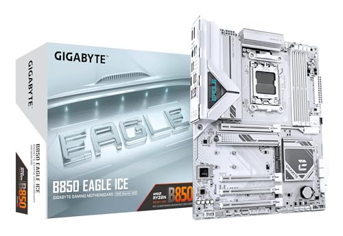 GIGABYTE B850 Eagle Ice Mainboard – AMD Ryzen 9000 Serien-Prozessoren, 8+2+2 Phasen Digital-VRM, bis zu 8200 MHz DDR5 (O.C), 1 x PCIe 5.0 M.2 + 2 x PCIe 4.0 M.2, 2.5 GbE LAN, USB 3.2 Gen 2