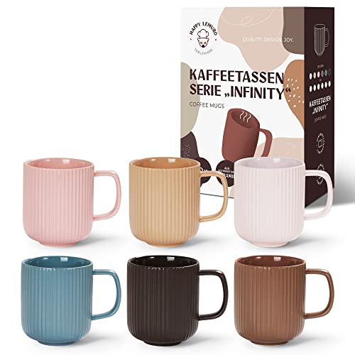 Happy Lemuro Kaffeetassen - Design Tassen, 6 x 360 ml, matt. Moderne Keramik Tasse für Kaffee und Tee. Groß und hochwertig. In 6 Erdfarben