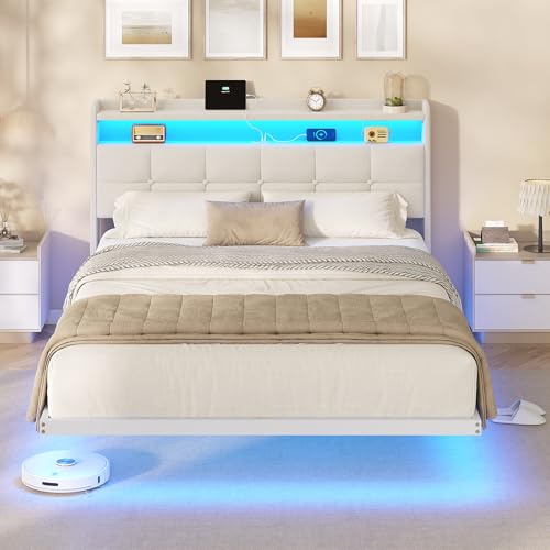 AOGLLATI Polsterbett 140x200 cm, Bett 140 x 200 mit LED-Beleuchtung und Ladestation, Bettgestell mit Kopfteil, Doppelbettgestell Schwebebettrahmen, Metallbett, Leinen, Beige (ohne Matratze)