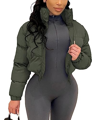 Angsuttc Puffer Jacke Damen Cropped Zip Up Polsterung Warme Steppjacken Wintermäntel, Grün (Army Green), L