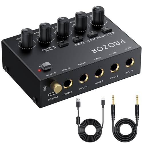 PROZOR 4-Kanal Audio Mixer Aktiver Mischer Mischpult Mit 3,5mm auf 6,35mm Umschaltkopf Kompakte Mischkonsole für Mikrofone, Gitarren, Bass
