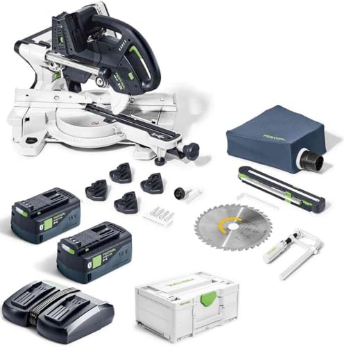 Festool Akku-Kapp-Zugsäge KSC 60 EB 5,0 I-Plus KAPEX (mit Kreissägeblatt, Schraubzwinge, LED-Schlaglicht, Winkelschmiege, Erhöhung, Staubfangbeutel, Innensechskantschlüssel, Energie-Set)