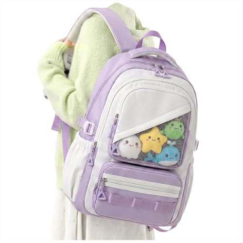 Schulrucksack Mädchen Lila Teenager - Ästhetischer Rucksack Violett Pastell mit Transparentem Fach, Großer Japanischer Anime Daypack für Schule & Uni, Kawaii Style, Viele Fächer, School Backpack Girls