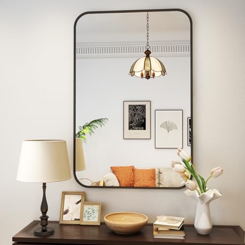 Koonmi Wandspiegel schwarz, 61x91 cm Badezimmerspiegel mit runder Ecke, Morden Spiegel Wand mit Rahmen aus Aluminiumlegierung für Wand montiert horizontal oder vertikal, Schwarz