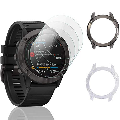 MWOOT Kompatibel mit Garmin Fenix 6 Glasfolien Schutzfolie [4Stk] und Silikon Schutzhülle [2Stk] für Gehäuse Schutz, 9H Härte Kratzfest Schutzglas für Displayschutz Zubehör Set