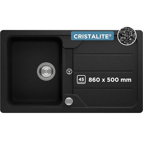 SCHOCK Küchenspüle Formhaus D-100 Onyx 86x50 cm - CRISTALITE® Schwarz mit Abtropffläche - Küchenspüle für 45 cm Unterschrank - Reversible Einbauspüle - Robuste Quarzkomposit-Oberfläche