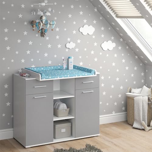 Vicco Wickelkommode Leonie, Wickelaufsatz für die Kommode, Grau/Weiß, 113 x 100 cm