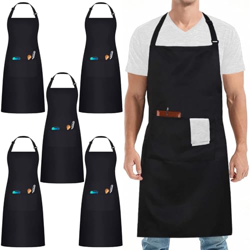 umboom 5 Stück Schwarze Kochschürzen, Verstellbar Gastronomie Schürze mit 3 Taschen für Damen und Herren, Professionelle Arbeitsschürze für Schule, Küche, Restaurant, Bistro, Bar, Café, Garten
