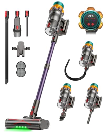 Akku Staubsauger 50000Pa/600W/65Min, Kabelloser Stabstaubsauger mit 2L Staubbehälter, Selbststehend, LED-Display, 8-Schicht-Filtration, Flexible Fugendüse, Leicht für Hartböden, Teppiche, Tierhaare