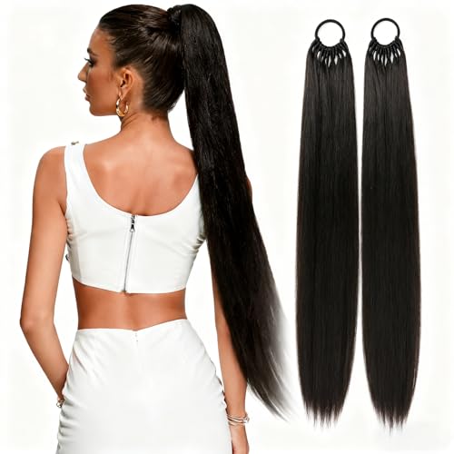 QITHGYD 2er Set Schwarze Ponytail Extension, 70cm Haarteil Zopf für Damen, Glatte Haarverlängerung mit Gummiband, Einfache Anwendung, Natürliches Aussehen, Haar Extensions, Ideal für Alltag und Party