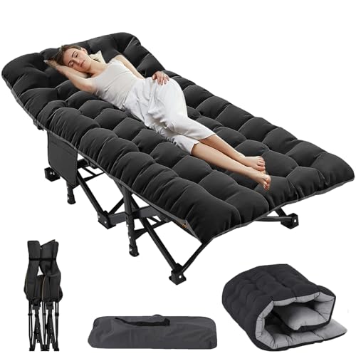 ZIKEBTUY Sonnenliege Klappbett 198x81cm Campingbett Gästebett klappbar liegestuhl 200KG Lastlager Gartenliege Mit Matratze Seitentasche und Kopfstütze Feldbett für In-Outdoor Garten Camping (Schwarz)