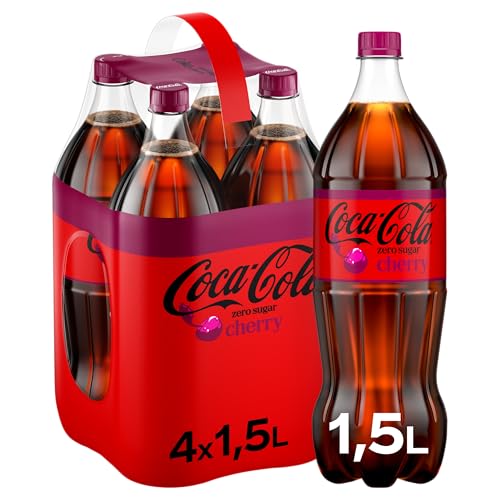 Coca-Cola Zero Sugar Cherry - fruchtiges Erfrischungsgetränk mit Kirsch-Geschmack - ohne Zucker und ohne Kalorien - koffeinhaltiger Softdrink in Einweg Flaschen (4 x 1500 ml)