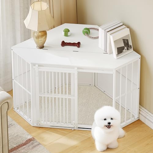Hzuaneri Eck-Hundekäfig, Hundebox für Zuhause, Hundekäfig Möbel mit Kissen und Schiebetüren, Moderne Hundebox Holz Indoor Klappdeckel für Mittelgroße Kleine Hunde, 107 x 59,6 x 64 cm, Weiß DFC85903W