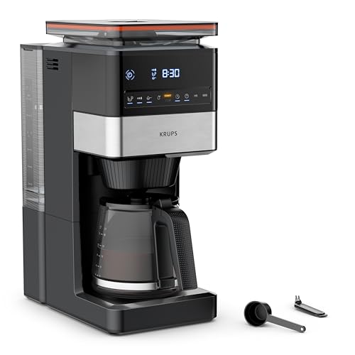 Krups Grind Aroma XL Filterkaffeemaschine, abnehmbares Kegelmahlwerk, digitales Bedienfeld, XL-Fassungsvermögen (1,5 L), Warmhaltefunktion, Glaskanne, Schwarz/Edelstahl, KM842810