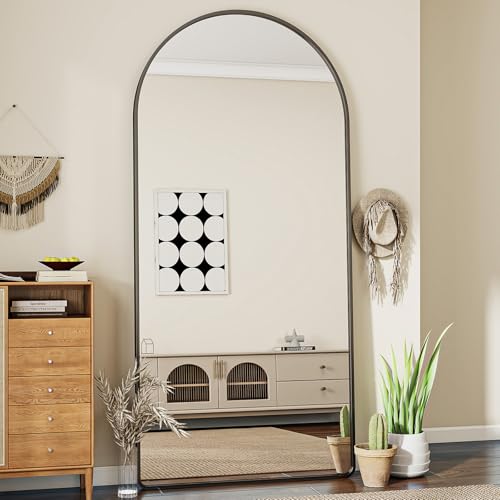 Koonmi 76 x 171 cm Gewölbter Top Ganzkörperspiegel mit Runden Ecken - Ganzkörperspiegel Groß Frei Stehend-Hängend-Lehnend, Boden Standspiegel als Ankleidespiegel für Wohnzimmer, Schwarz
