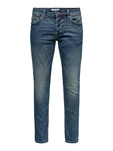 Herren O&S Slim Fit Jeans | Basic Hose Denim Pants ONSLOOM | Tapered Trousers Stoned Washed, Farben:Blau, Größe Jeans:34W / 32L