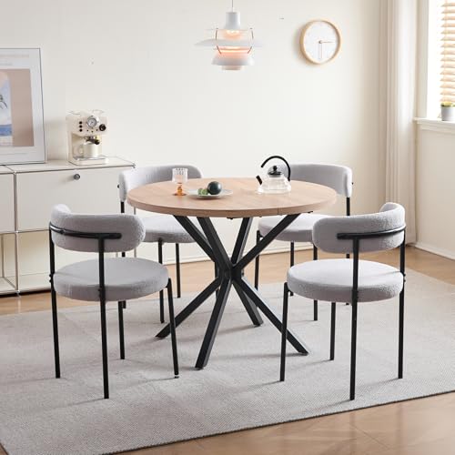 DEYARNA HOME Essgruppe Set Tisch und Stühle, 100cm Runder Esstisch mit 4 Esszimmerstühlen, Tisch und 4 Stühle für Küche, Wohnzimmer, Balkon, Restaurant, Büro (Helle Holzfarbe+Grau)