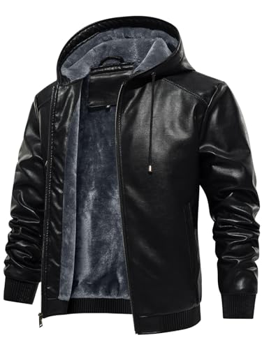Uusollecy Winterjacke Herren Lederjacke Warm Gefüttert Kunstlederjacke Mit Kapuze, Winddicht Outdoor Motorradjacke Mit Reißverschluss, Schwarz 3XL