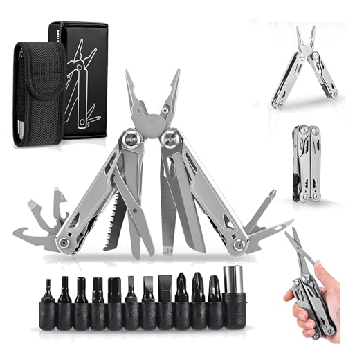 28 in 1 Multitool Werkzeug mit Gurtcliptasche, Faltbares Edelstahl Outdoor Messer Survival Multifunktionswerkzeug Perfektes Camping Zubehör, Klappmesser Geschenk für Outdoor, Camping, Reparieren