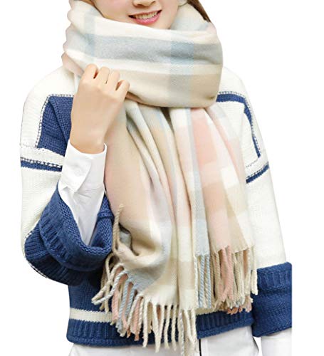 heekpek Damen Kariert Oversized Kaschmir Schal Lange Winterschal Weich Wraps Groß Karo Fransen Schal Warm Schal für Herbst Winter, Beige rosa