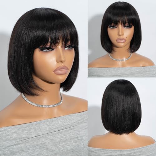 Joedir Straight Bob Perücke mit Pony 20 CM brasilianische kurze Echthaar-Perücken Schwarze Bob Perücke Echthaar keine Spitze vorne Kleberlose Perücken für Frauen
