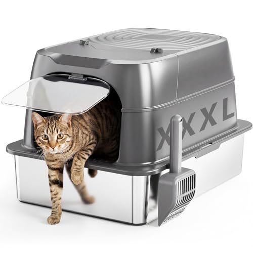 XXXL Katzentoilette aus Edelstahl mit Deckel, Große Geschlossene Katzentoilette Edelstahl, Katzenklo mit Schaufel, Großformatige Hochrand-Ausführung, Spritzsicher, für große Katzen